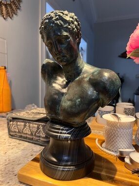 Vintage Hermes Bust Sculpture on Black Faux Marble Base Was Repaired